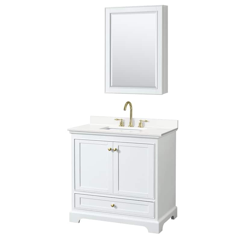 Deborah 36-inch Single Vanity, Quartz Top, Medicine Cabinet - White, Gold Trim, White Quartz Top