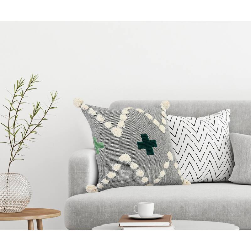 20" Green and Gray Swiss Cross Hand Loomed Square Throw Pillow