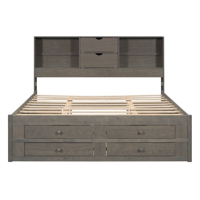 Platform Bed with Storage Headboard and 8 Drawers