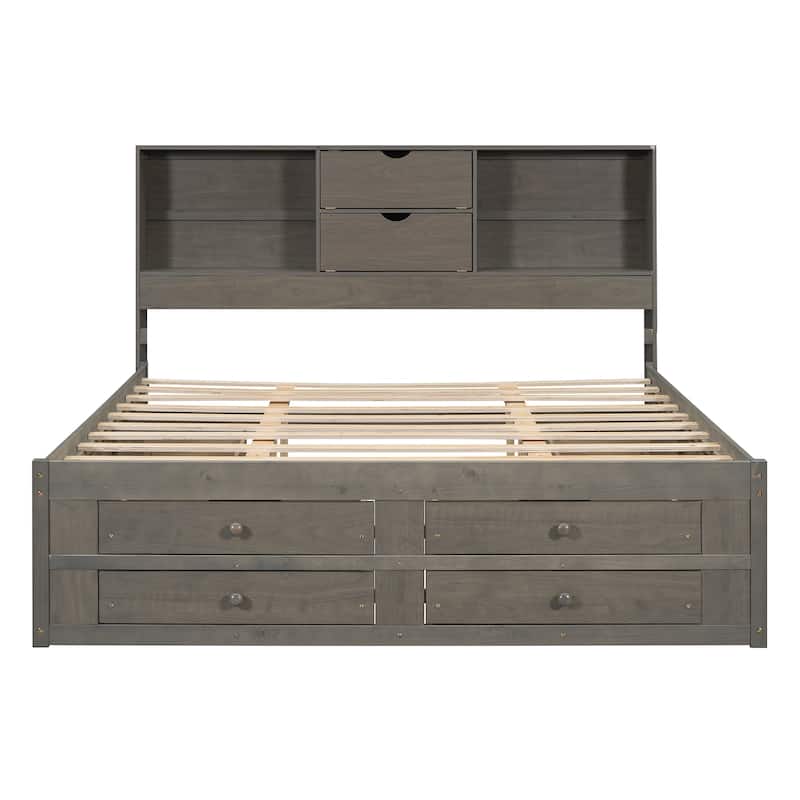 Queen Size Storage Bed Platform Bed with Open Storage Headboard, 4 Under-bed Drawers, 4 Bed End Drawers, Grey Wooden Bed