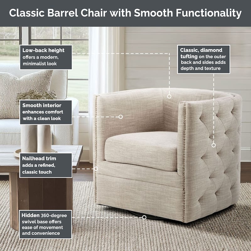 Madison Park Capstone 360-degree Swivel Barrel chair with Tufting and Nail heads