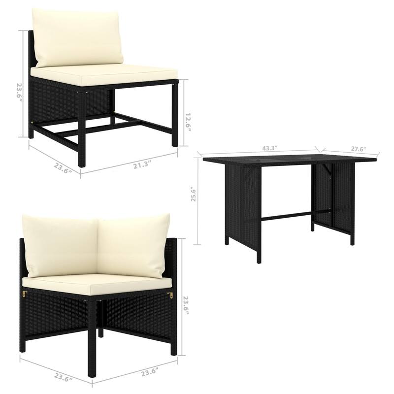 Nilo 9pc Outdoor Modular Corner Sofa Set w Dining Table, Black Rattan - Black, Cream White