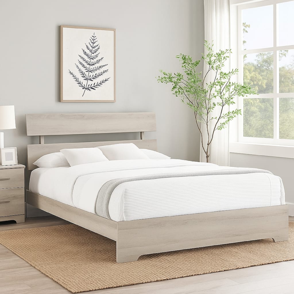 Cuzzy Queen Platform Bed with Panel Headboard, Low Profile White Wood