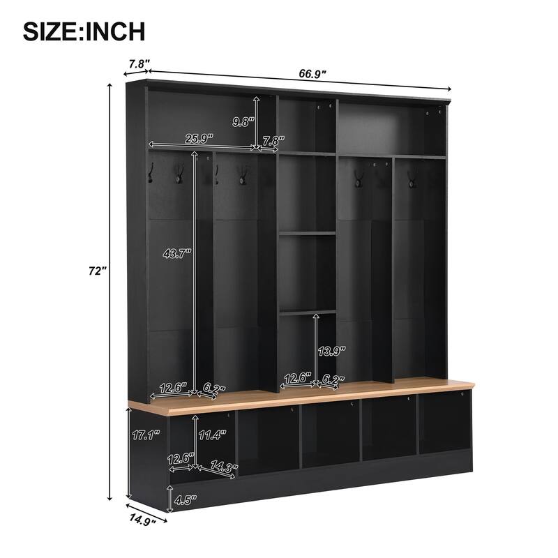 Large Hall Tree Coat Rack with Storage Bench, Modern Shoe Cabinet with Cube Storage & Shelves for Entryways, Mudroom