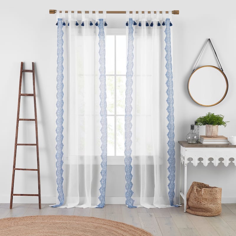 Shilo Boho Sheer Tab Top Window Curtain Panel with Tassels - 52x95 - Indigo