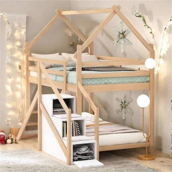 slide 2 of 24, Twin over Twin House Loft or Bunk Bed with Slide and Staircase, Natural