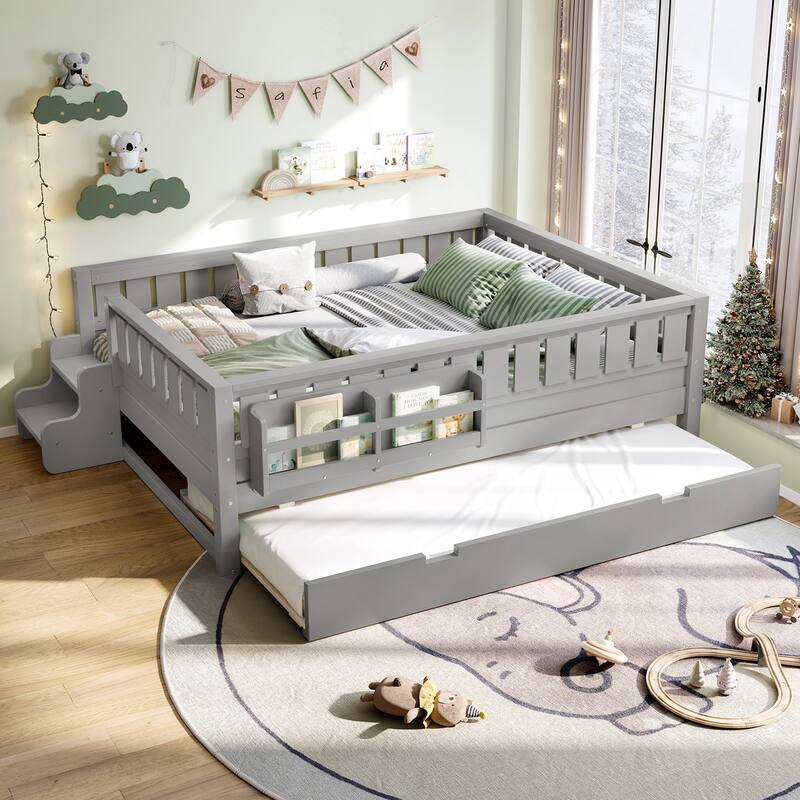 Full/Twin Loft Bed with Bookshelves, Safety Stairs & Trundle - Grey - Full