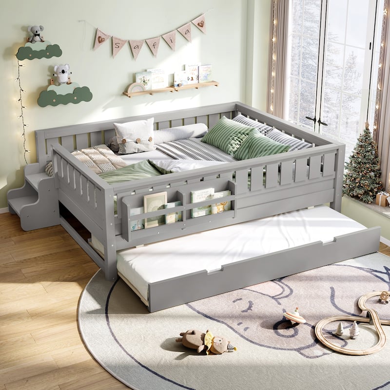 Roomfitters Floor Bed with Bookshelf and Trundle, Low Profile Frame with Step Entry