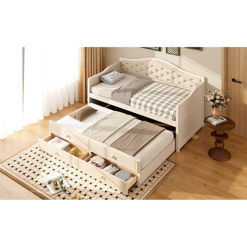 Wooden Frame Day Bed, Twin Size Daybed with Trundle Bed, Upholstered Tufted Button Backrest Sofa Bed with 2 Storage Drawers