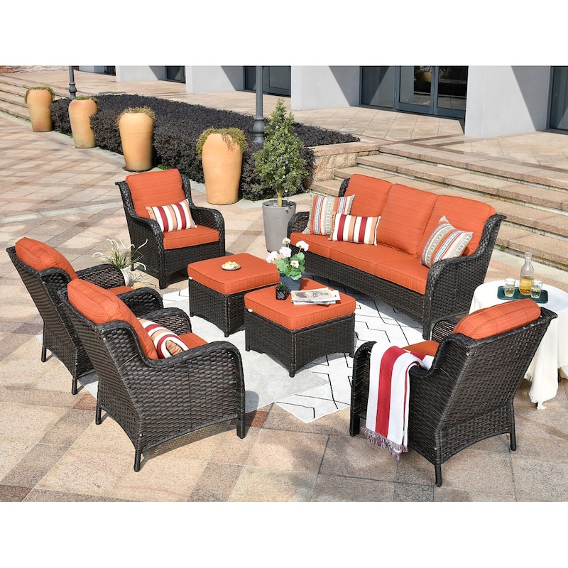 OVIOS 7-piece Patio Conversation Furniture Set - Red/Orange-Brown Wicker