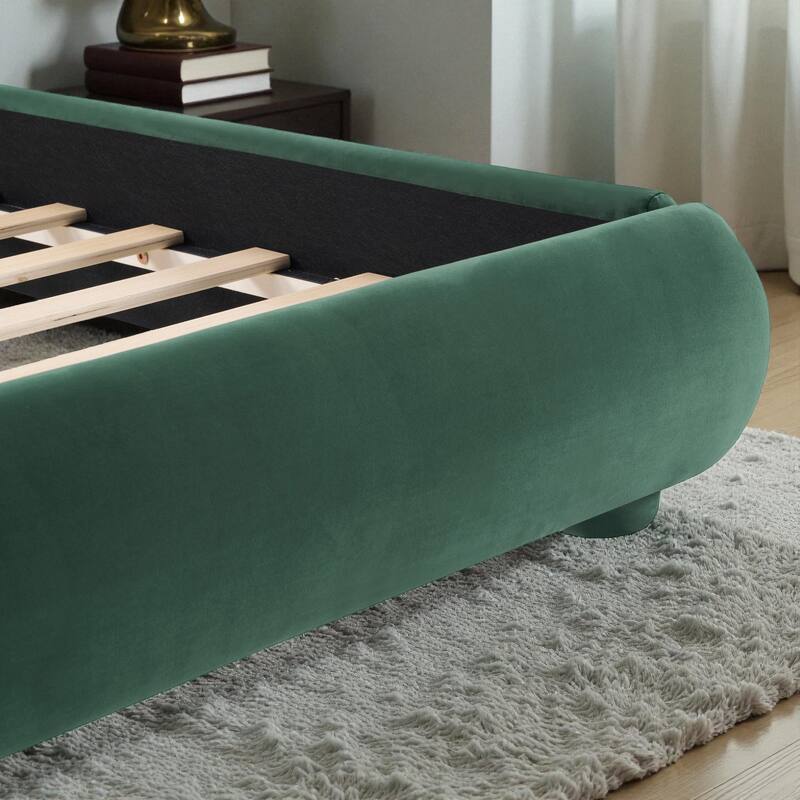 Modern Fabric Upholstered Bed with Curved Headboard, Strong Metal Frame, Queen/King Size Platform Bed