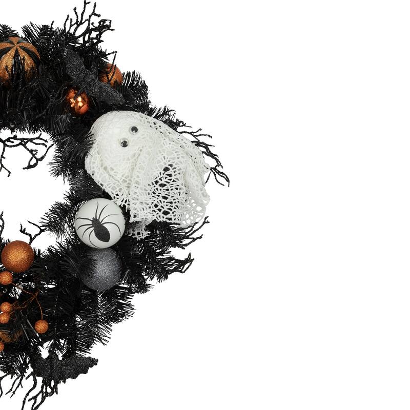 Orange Ornaments and Ghost Halloween Pine Wreath 24-Inch Unlit
