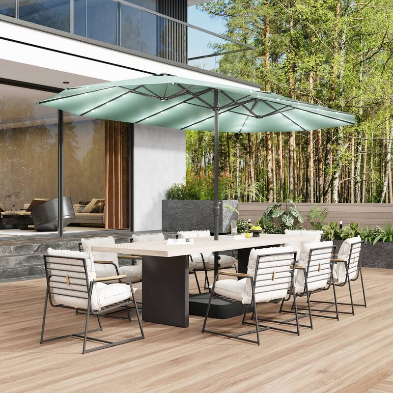 15ft Solar LED Double Patio Umbrella with Base, Extra Large Twin Outdoor Market Umbrella with 36 Lights, 180g Polyester Canopy