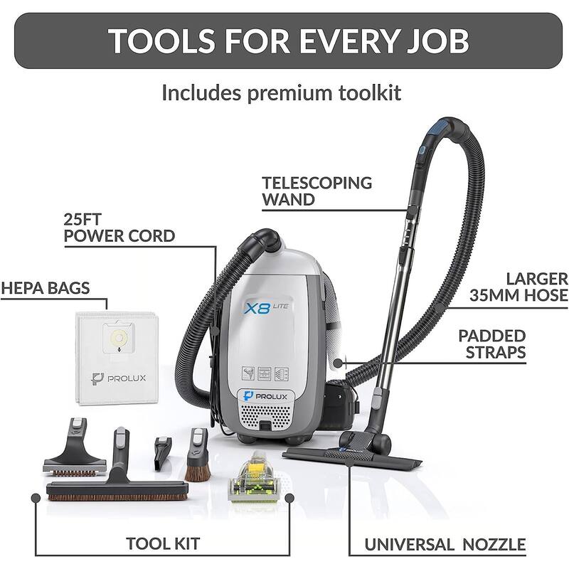 Prolux X8 Lite Backpack Vacuum w/ Premium Tool Kit for Light Commercial Use
