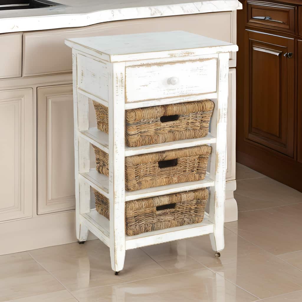 Rena End Table, 3 Natural Rattan Storage Baskets, 20 Inch White Wood