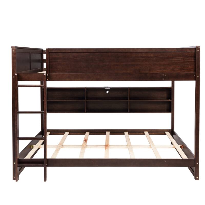 Queen Over Queen Bunk Bed with Built-in Storage Cabinets,Charging Station,Ladder,Safety Guardrails