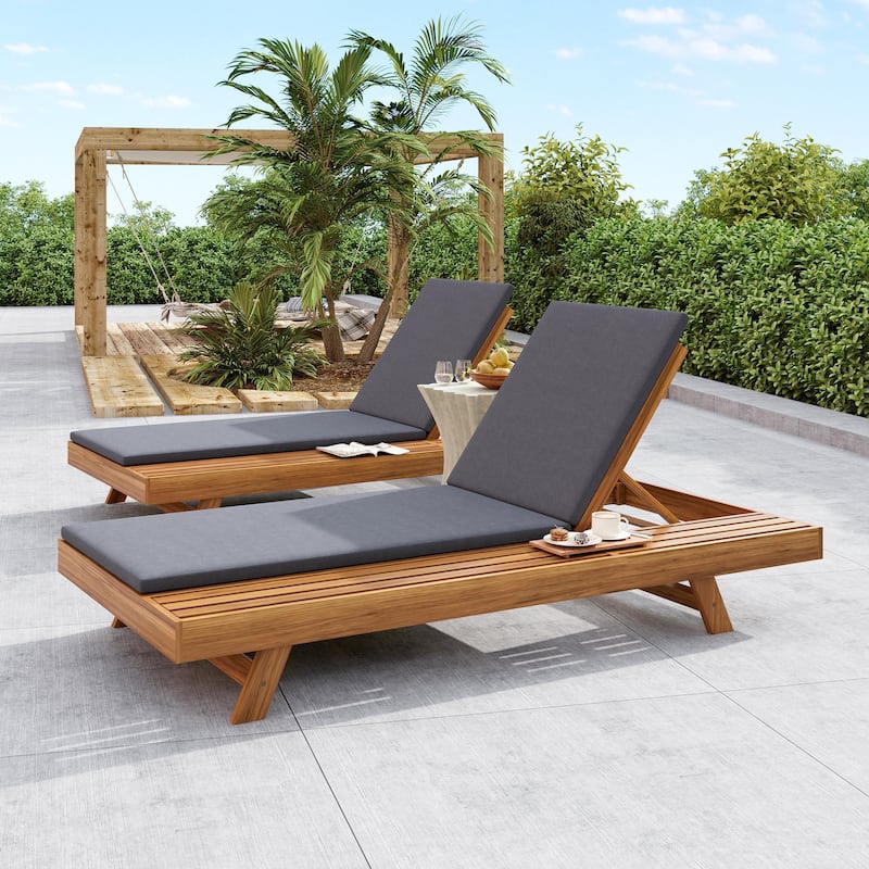 One-sided Open Storage Lounge Chairs Outdoor Patio Acacia Wood Chaise Lounge with Adjustable Backrest & Water-repellent Cushions