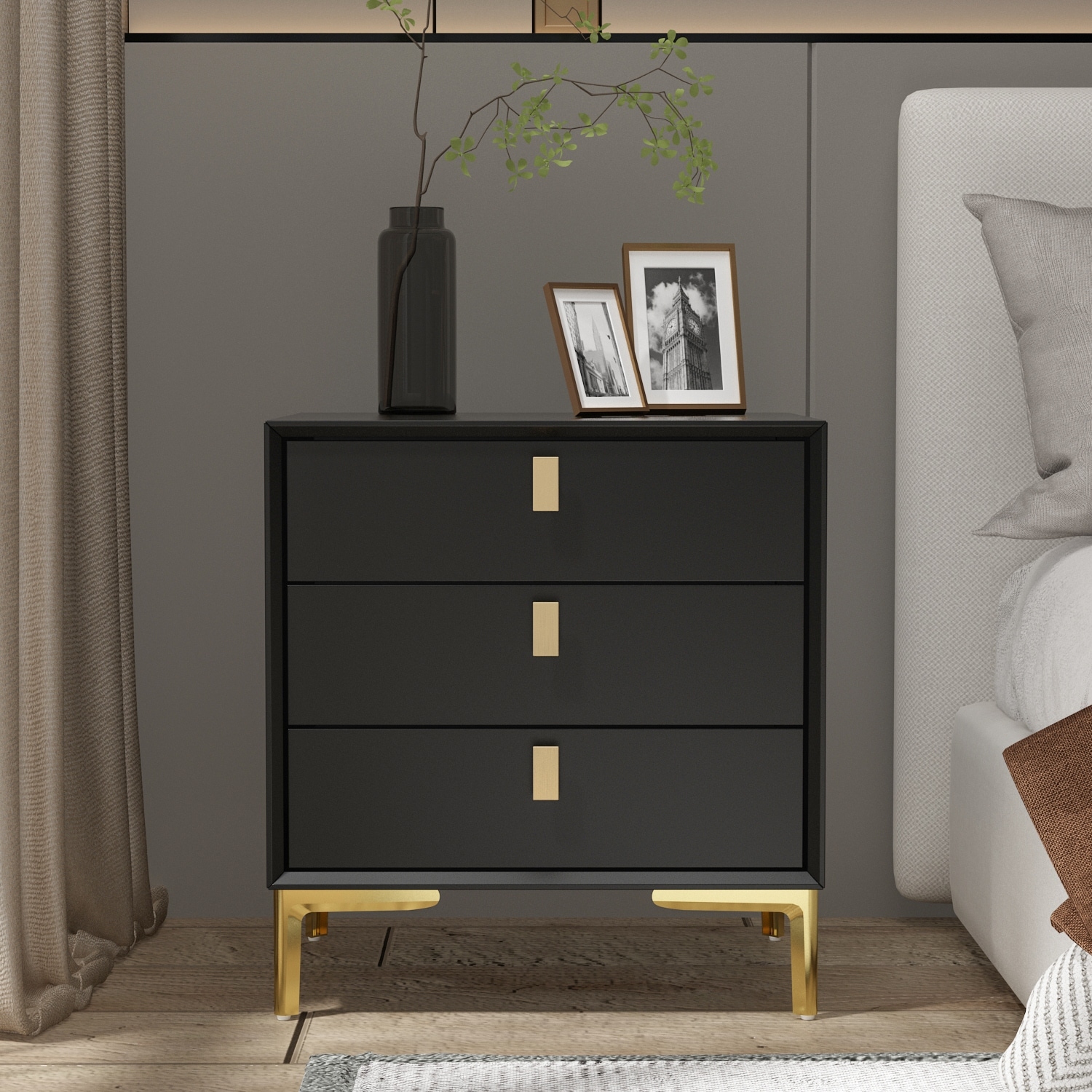 Timechee Three-Drawer Bedside Table Nightstand End Table Black/White