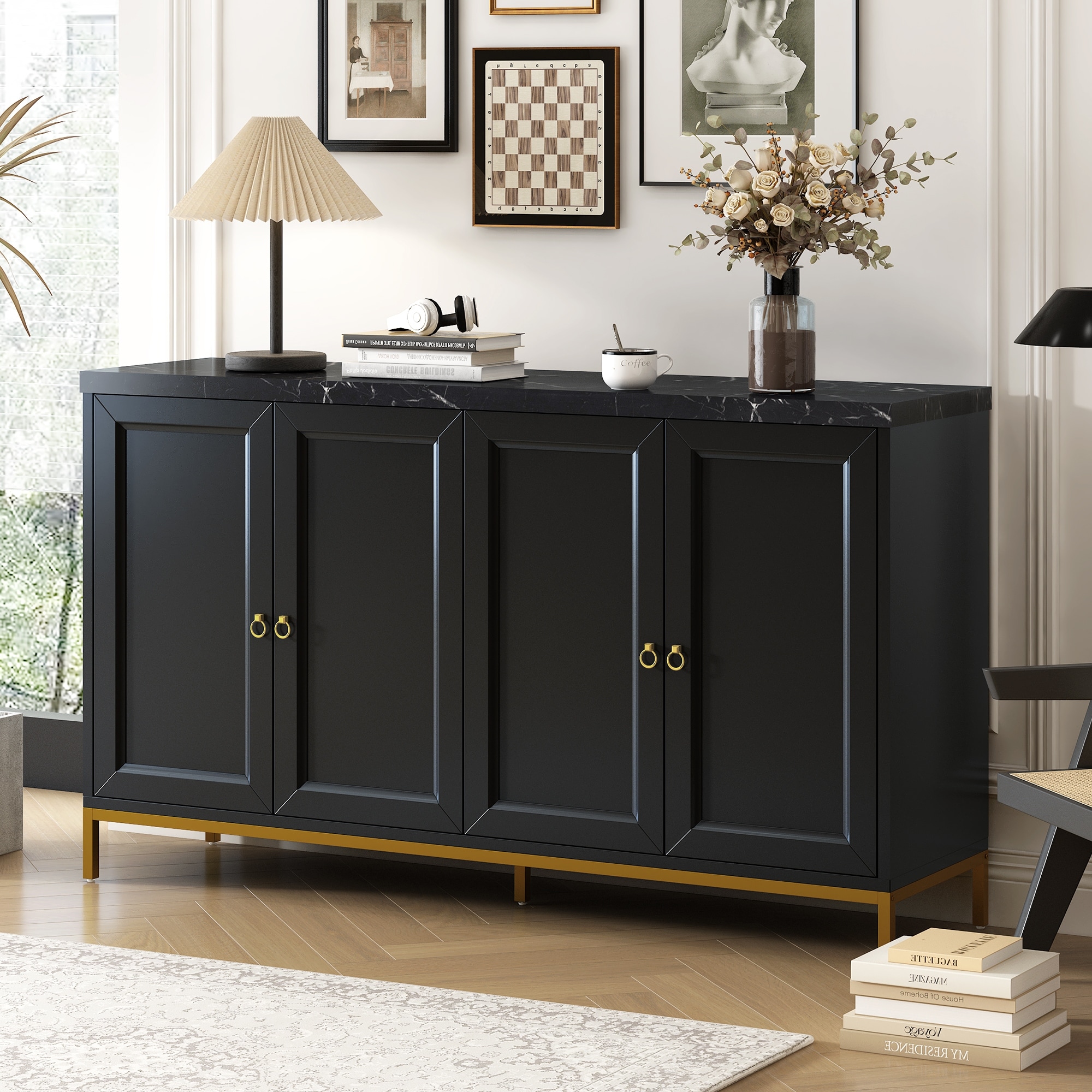 Accent Cabinet with 4 Doors Black Sideboard Buffet Cabinet, Modern Credenza  Storage Cabinet for Living Room, Kitchen, Hallway, image size:2000x2000