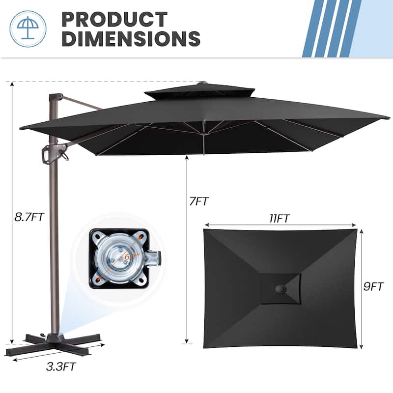 11 × 9 ft Outdoor Patio Cantilever Offset Dual Top Umbrella