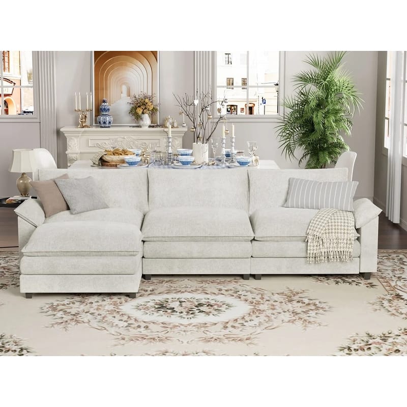Furniwell 3-Seat Sectional Sofa with Ottoman Sectional Couch with Reversible Toffee Chair Convertible Sofa