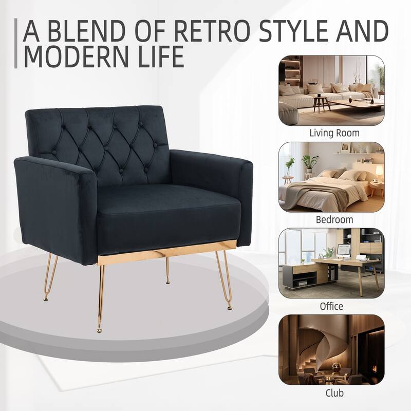 Velvet Upholstered Armchair Single Sofa Modern Tufted Reading Chairs Gold Metal Leg Wingback Chairs for Living Room Bedroom