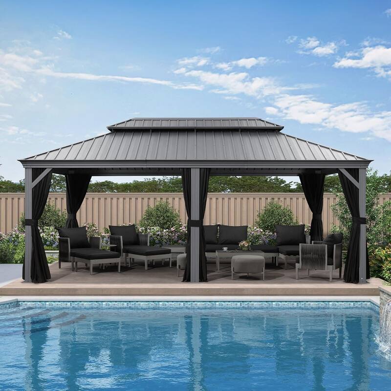 PURPLE LEAF Patio Gazebo for Backyard Hardtop Galvanized Steel Frame with Upgrade Curtain - Light Grey - 12' x 20'