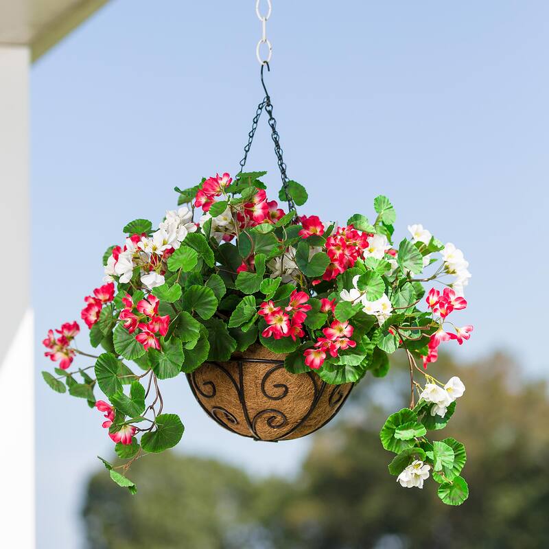 Everlasting Faux Red and White Geranium Hanging Basket