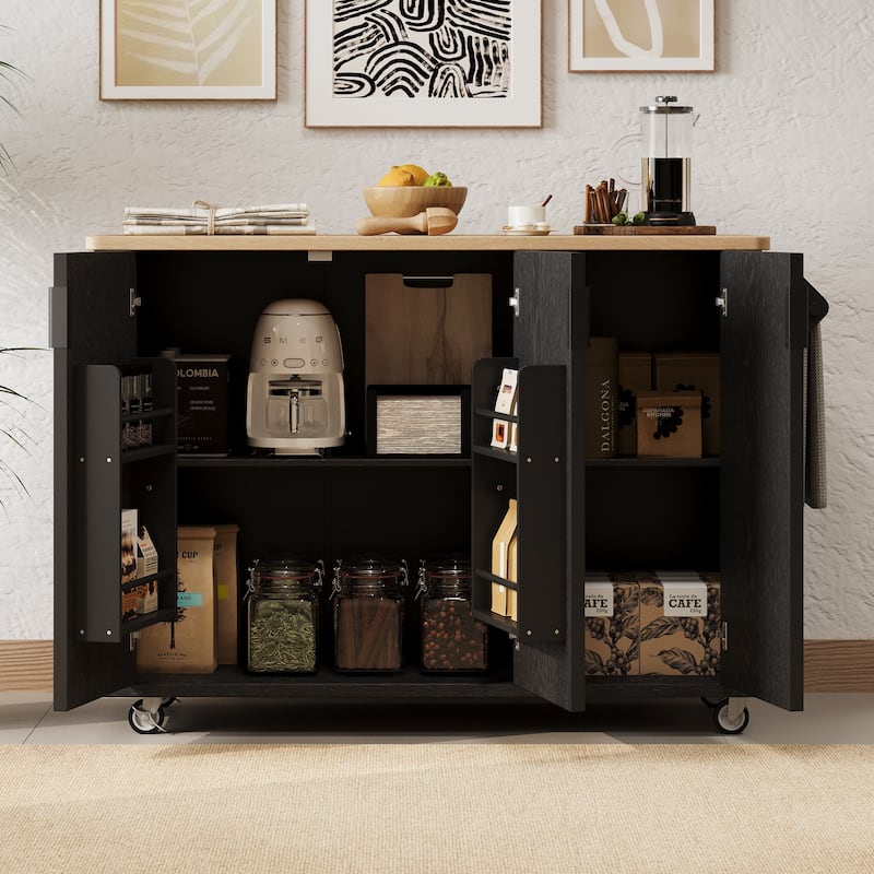 51.30'' Fluted Kitchen Island with Drop Leaf, Rolling Wheels, Internal Storage Rack, and Towel Rack - 51.3'' x 29.5'' x 36.4'' - Black