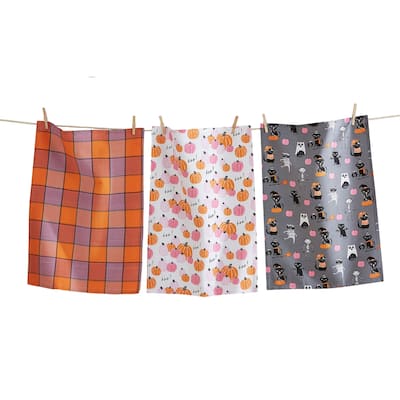 Set of 3 Halloween Cat Pumpkin Dishtowels - Multicolor Cotton Kitchen Towels, Machine Washable, 13" x 26"