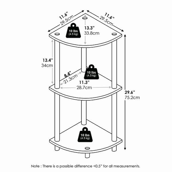 dimension image slide 2 of 3, Furinno Turn-N-Tube 3-Tier Corner Display Rack Multipurpose Shelving Unit