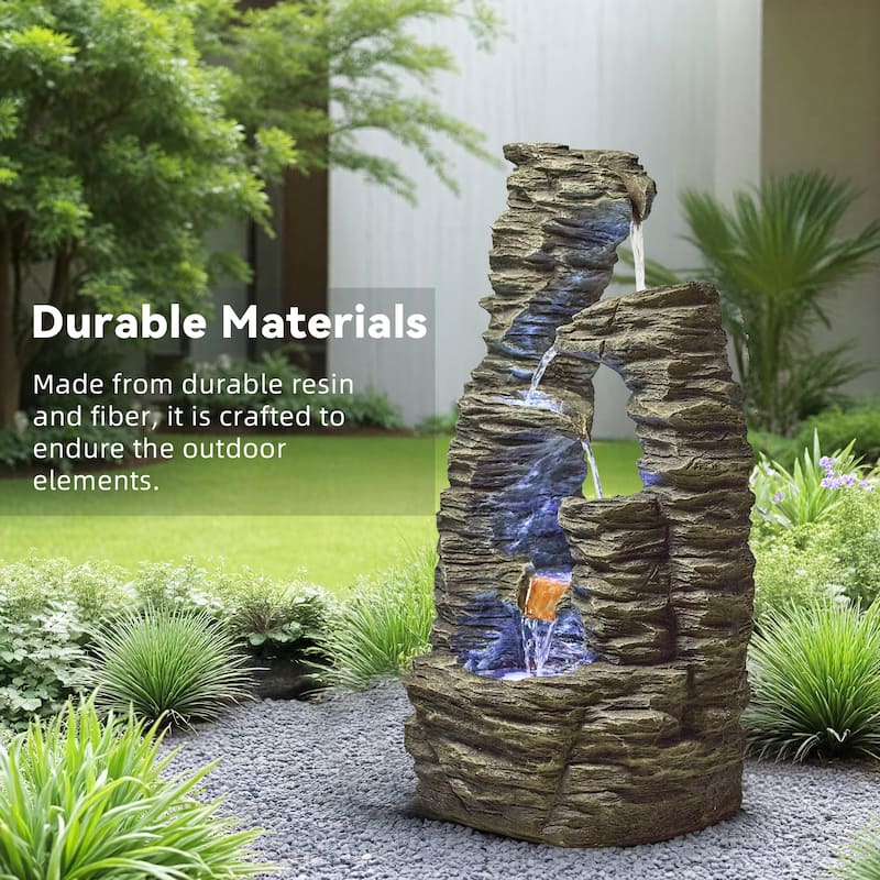 Vbal Outdoor 4-Tier Polyresin Cascading Fountain – Weather Resistant with Lighted Base & Flowing Water