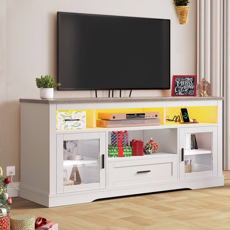 Moasis LED Farmhouse TV Stand for TV up to 65" - White&Brown