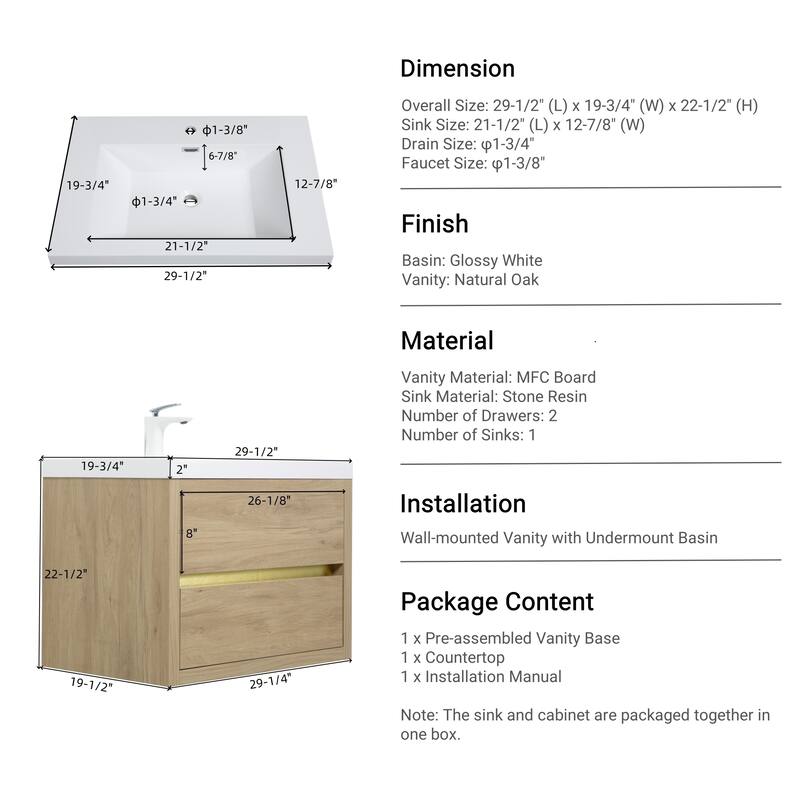 36" Floating Bathroom Vanity with Stone Resin Countertop, Soft Close Drawers, and U-Shaped Drain Design