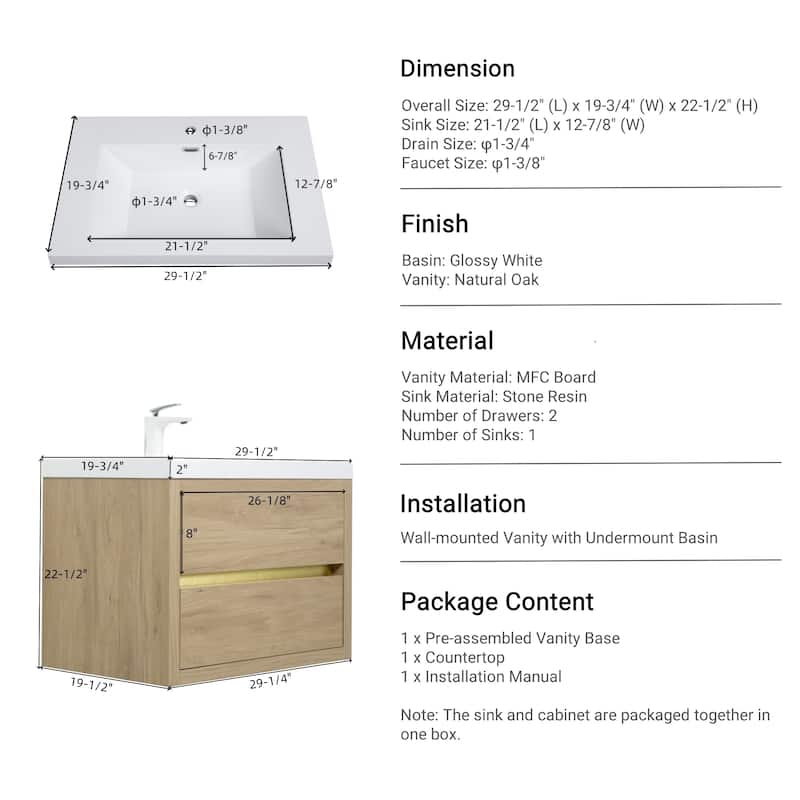 GDFStudio 30" Wall-Mounted Bathroom Vanity with Sink