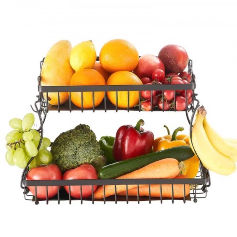 Matte Black Double-Layer Fruit Basket Holder Countertop Storage Organizer for Kitchen Fruits - 15.16” x 9.06” x 9.65”