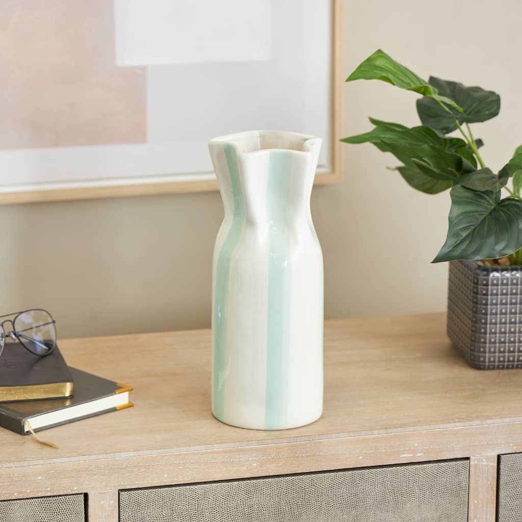 White Ceramic Round Decorative Vase with Light Teal or Red Vertical Stripes