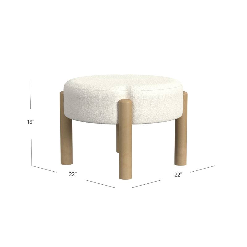 Eli 22 Inch Cream Boucle Ottoman Footstool on Natural Brown Hardwood Base