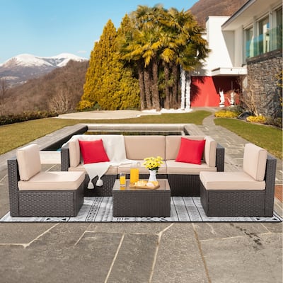 Futzca 6 Piece Patio Furniture Set, Small Outdoor Sectional Sofa Couch PE Wicker L-Shaped Corner Patio Sofa (Beige)
