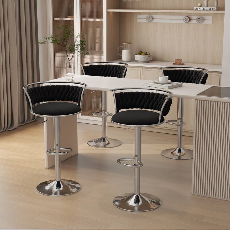 Modern Velvet 26" Adjustable Swivel Bar Stools (Set of 4) - Set of 4 - Black-Silver