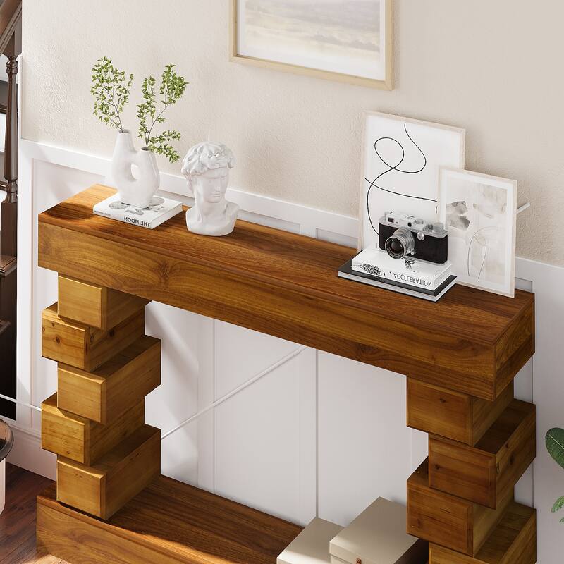 Wood Console Table, 47.24" Long Boho Sofa Table Behind Couch Geometric Block Stacked Table, Narrow Sofa Table for Living Room