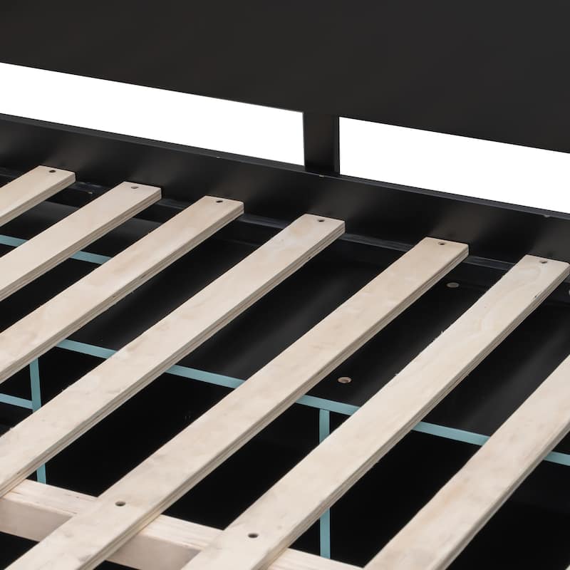 Full Size Wood Loft Bed with Desk,Open Wardrobe,Storage Compartments and RGB Lights