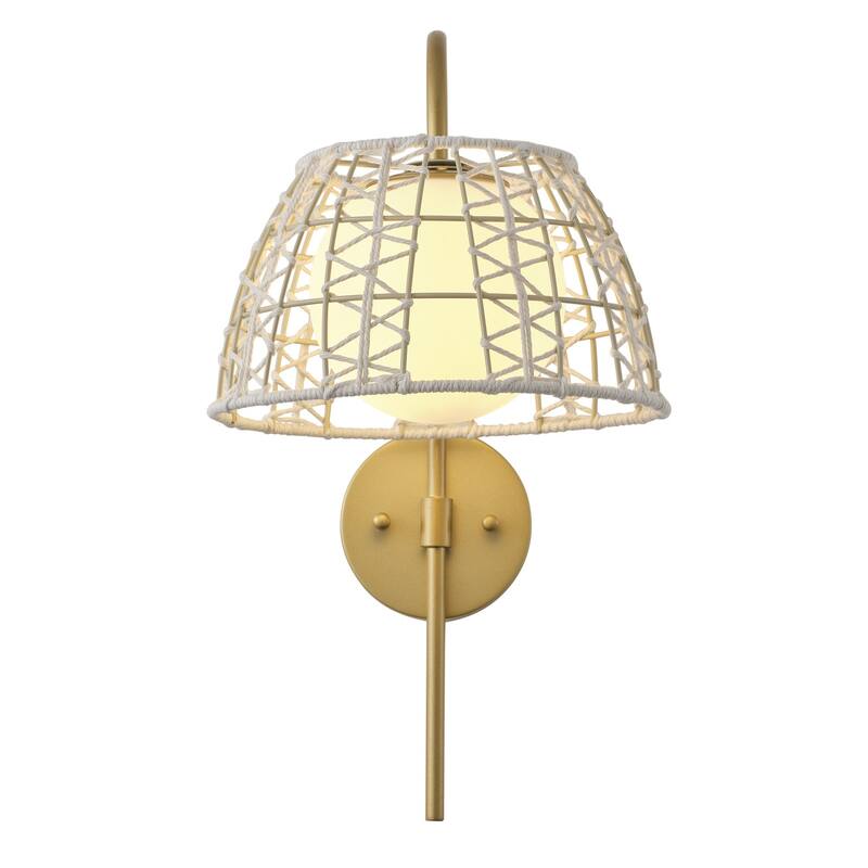 Aiwen Modern 1 Light Wall Sconce Painted Gold Finish White Woven Rattan Opal Acid Etched Glass Shade