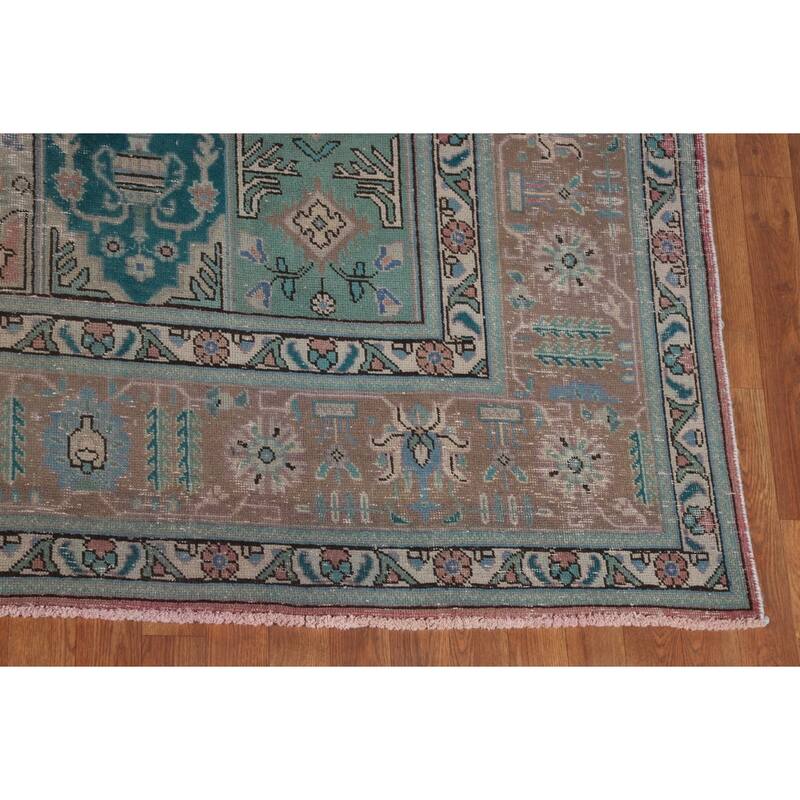 Pink Distressed Tabriz Persian Antique Rug Hand-Knotted Wool Carpet - 9'6" x 12'8"