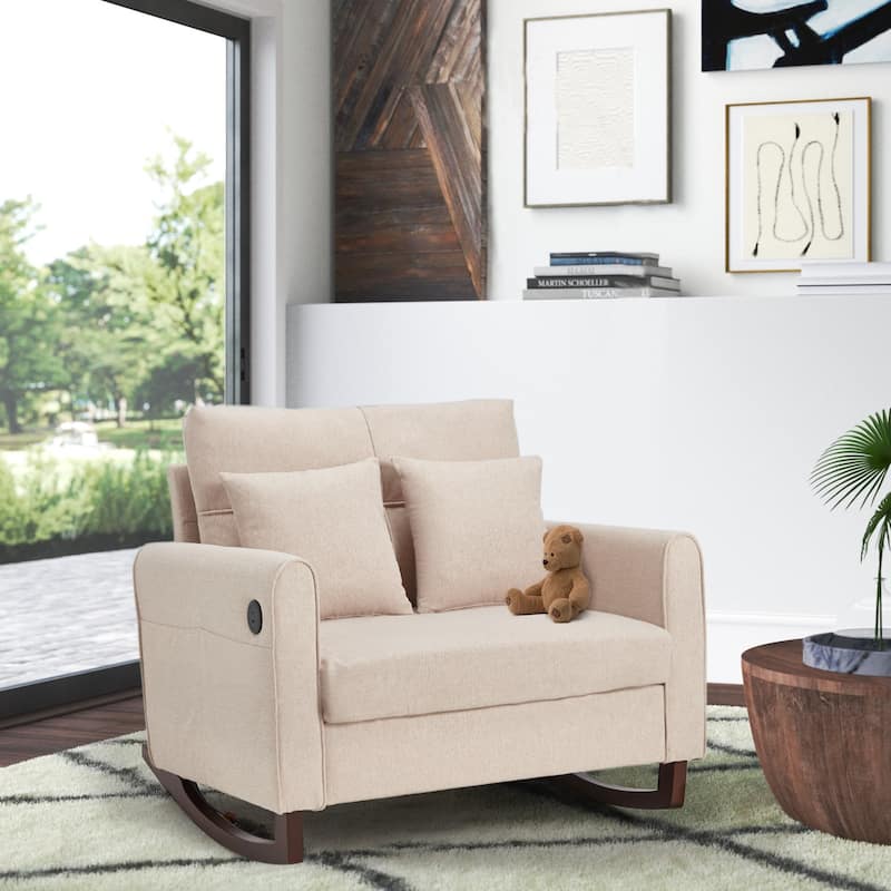 Oversized Upholstered Rocking Chair with High Back, Side Pocket, and Rubberwood Legs for Living Room, Bedroom, or Nursery - Beige