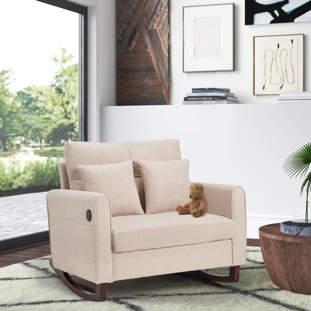 Oversized Upholstered Rocking Chair with High Back, Side Pocket, and Rubberwood Legs for Living Room, Bedroom, or Nursery