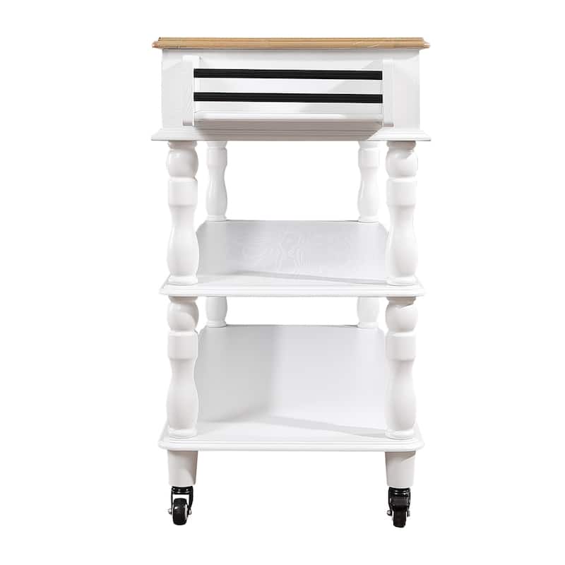 Rolling OAK Wood Top Kitchen Cart with Wine Rack and 2 Drawers