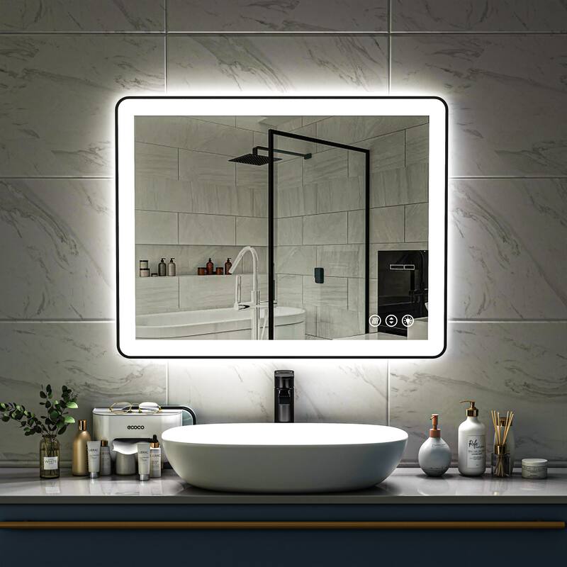 TOOLKISS Black Frame Anti-Fog Dimmable LED Light Vanity Bathroom Mirror with Backlit and Front Light
