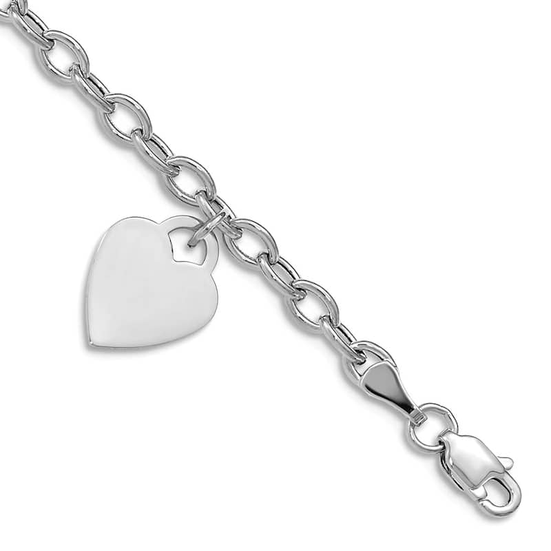 Curata Solid 10k or 14k Yellow or White Gold Heart Tag Rolo Charm Bracelet - 7.5" or 8.5"
