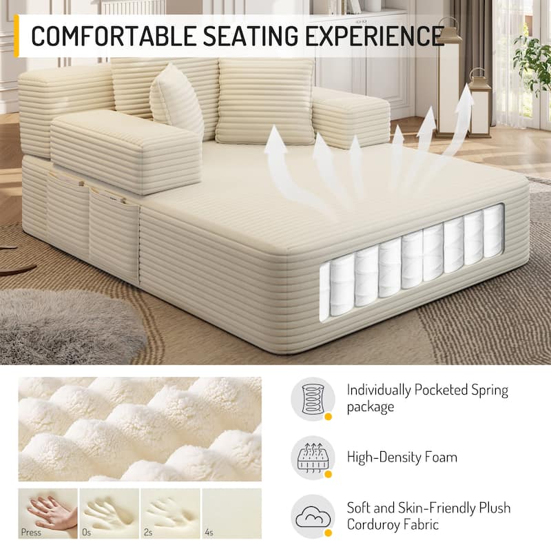Luxurious Plush Corduroy Chaise Lounge Convertible Sofa Bed with Storage Pocket and Wide Armrests
